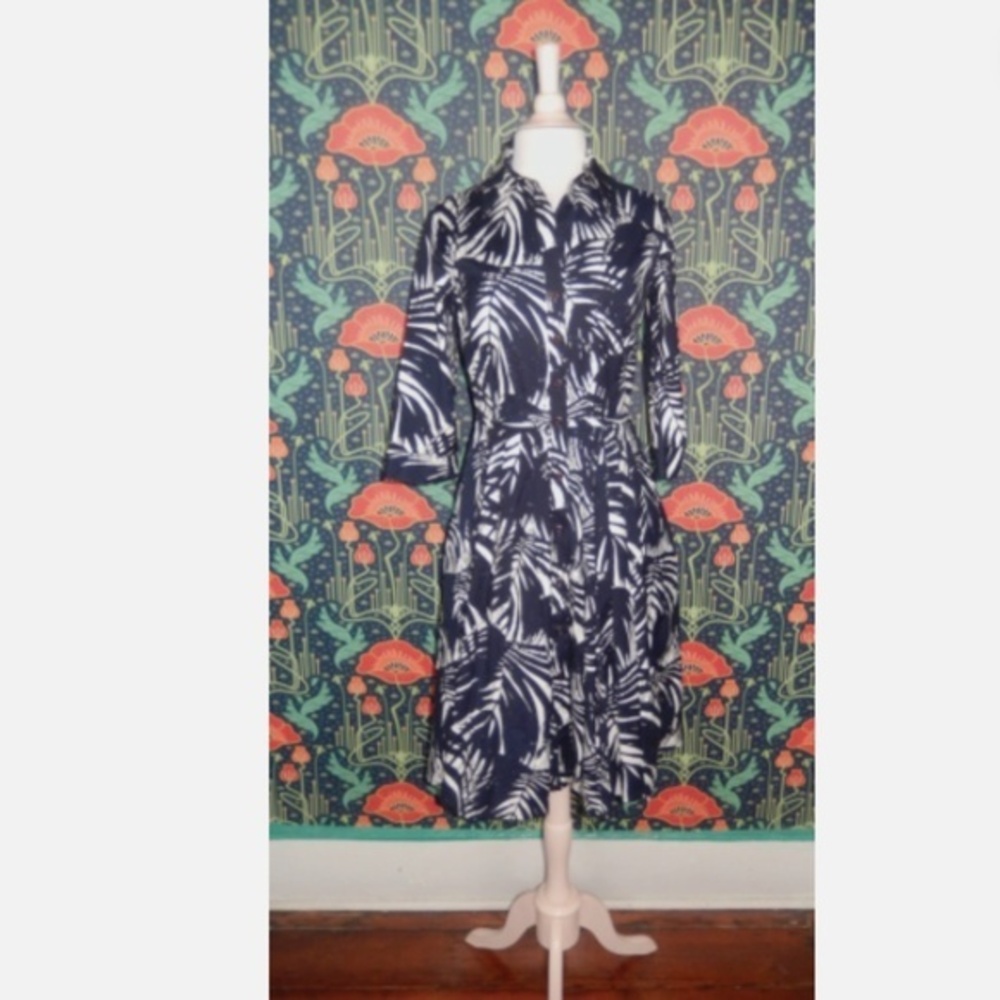 Samantha Sung Navy Blue White Palm Hand Printed Shirt Dress 4